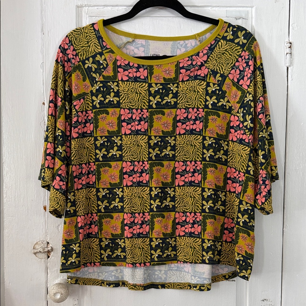 Target Women’s Short Sleeve Floral Checker Tee - Yellow & Pink